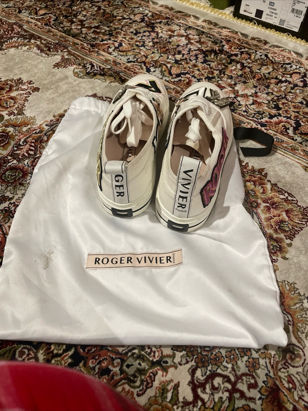 Roger Vivier White Leather Sneakers with Pink and Gold Accents